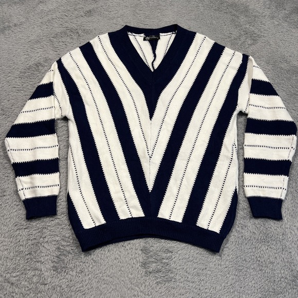Pretty‎ Garden Sweater Women's Medium Navy Blue White V-Neck Soft Pullover - Picture 1 of 12